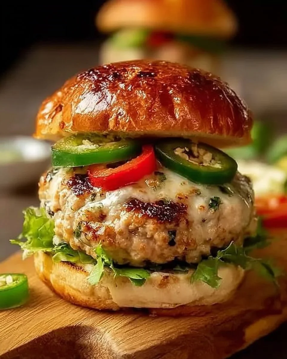 Spicy Jalapeño Pepper Jack Turkey Burger on a plate with fresh ingredients