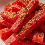 Plate of spicy watermelon fries served with dipping sauce