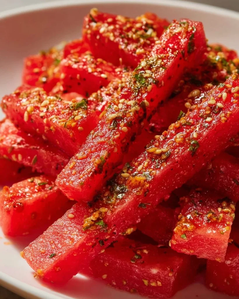 Plate of spicy watermelon fries served with dipping sauce