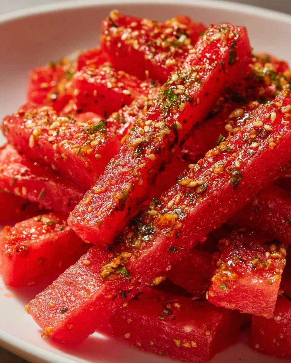 Plate of spicy watermelon fries served with dipping sauce