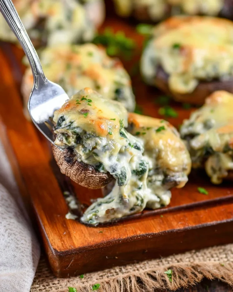 Delicious spinach artichoke stuffed mushrooms on a platter