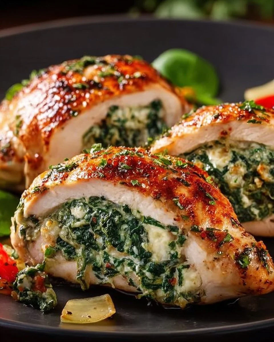 Delicious spinach stuffed chicken breast recipe on a plate.