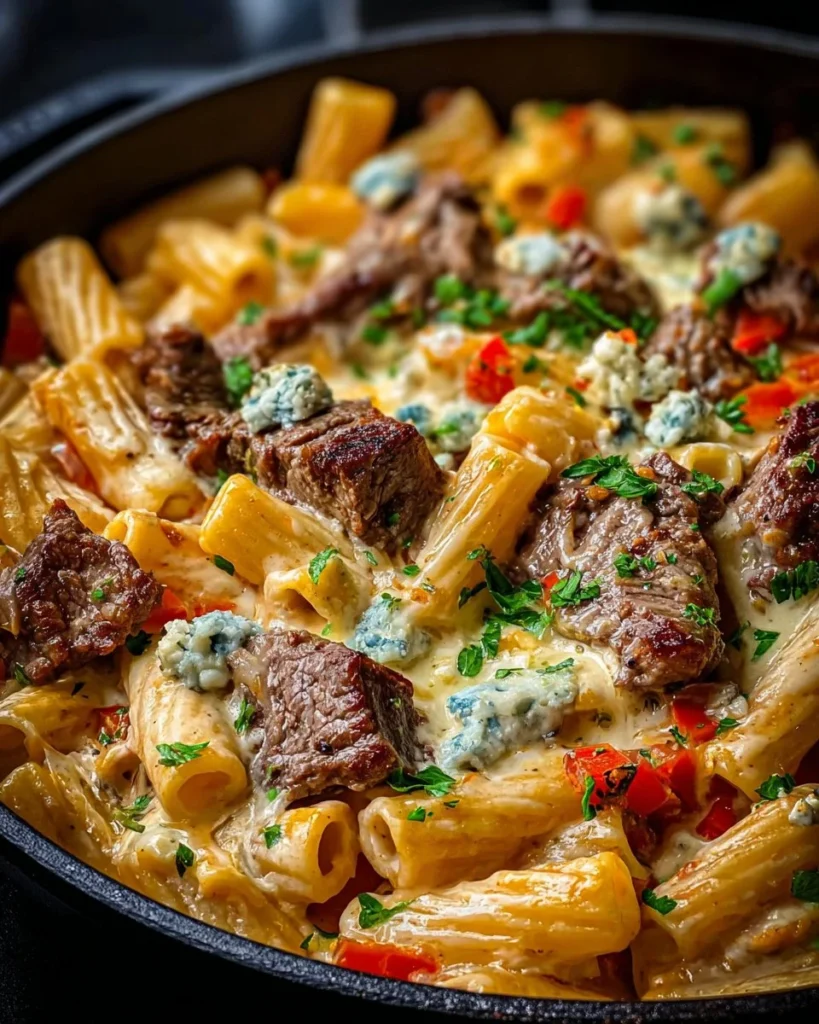Delicious Steak and Blue Cheese Rigatoni Bake served with herbs