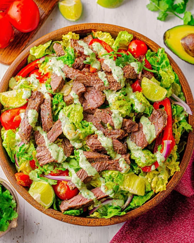 Delicious Steak Fajita Salad topped with Creamy Cilantro Lime Dressing