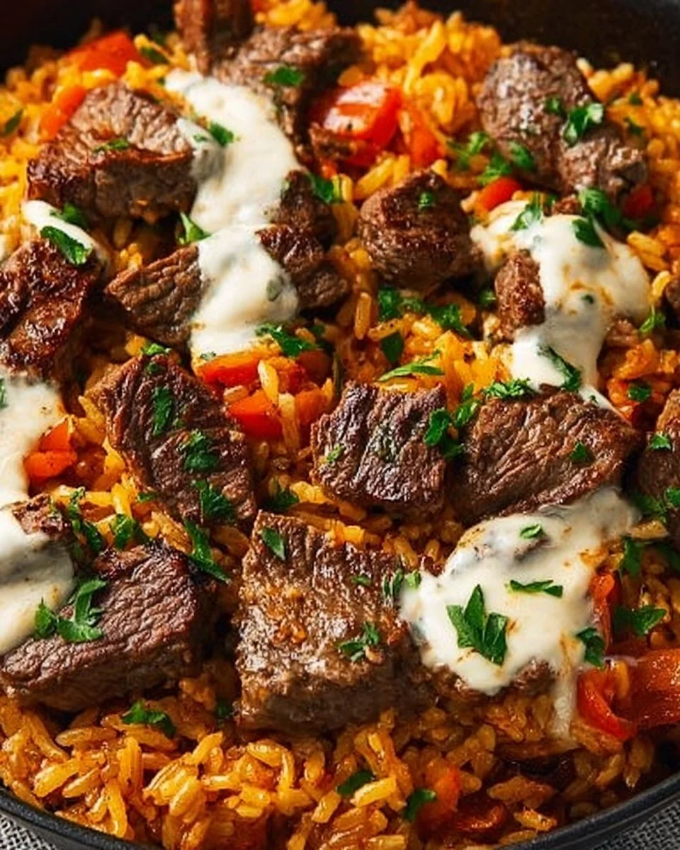 Delicious Steak Queso Rice served in a bowl with fresh toppings.