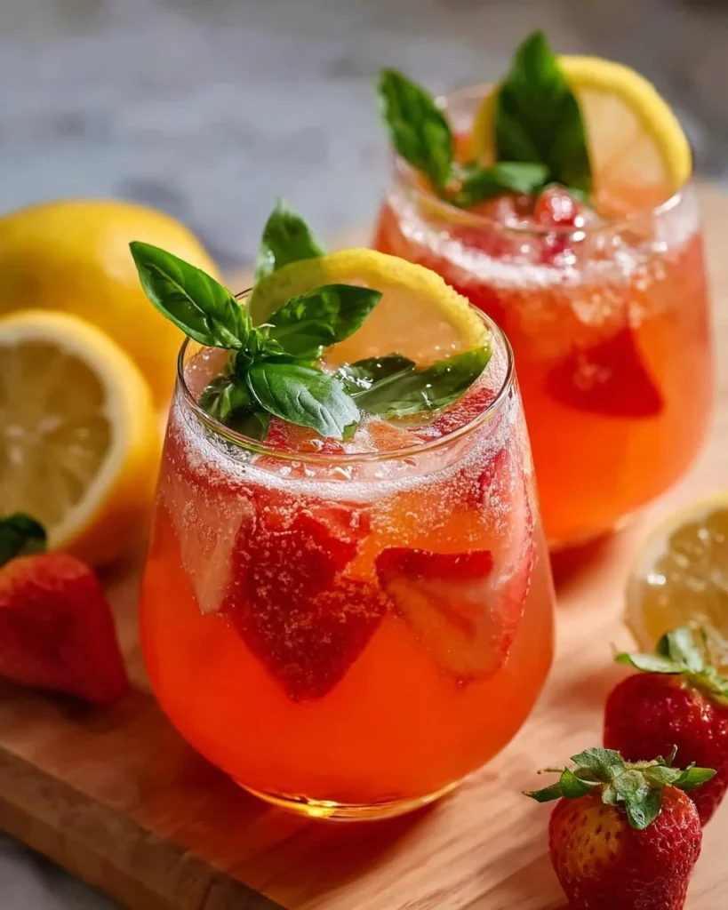 A refreshing glass of strawberry basil lemonade garnished with fresh basil leaves.