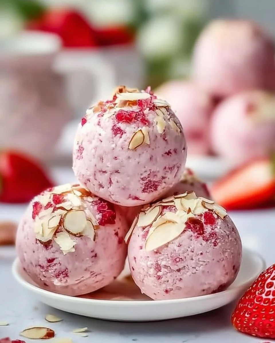 Homemade Strawberry Cheesecake Protein Balls on a white plate