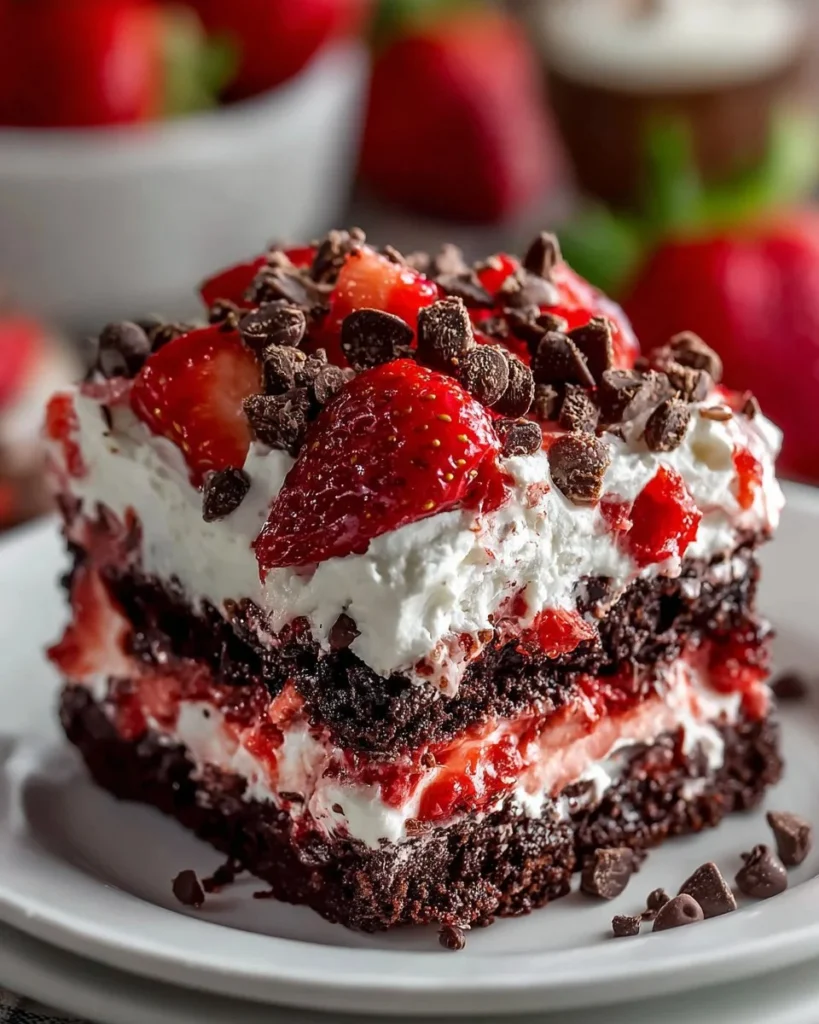 Strawberry Earthquake Cake topped with fudge and strawberries, rich dessert