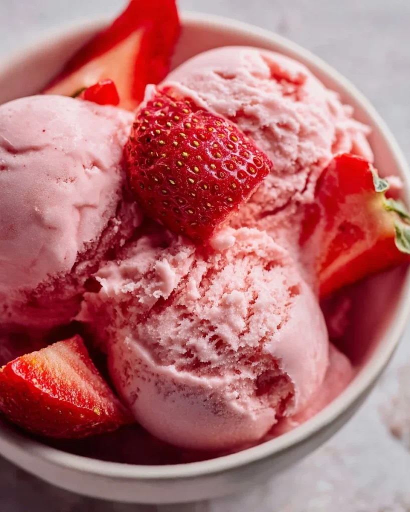 Delicious Strawberry Greek Yogurt served in a bowl, topped with fresh strawberries.