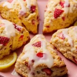 Freshly baked strawberry lemon cream scones on a rustic wooden table.