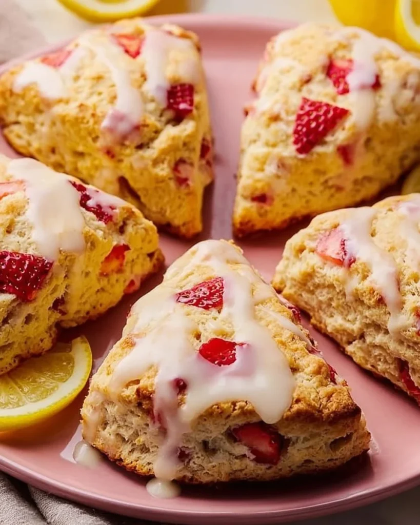 Freshly baked strawberry lemon cream scones on a rustic wooden table.