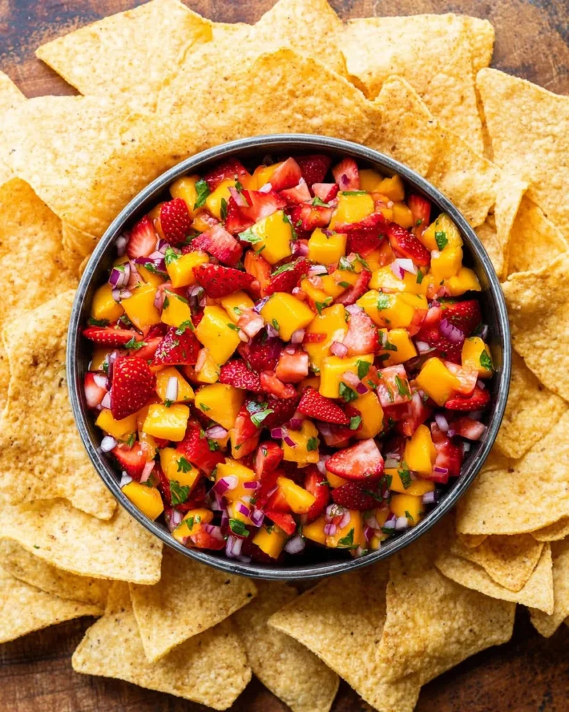 Colorful bowl of Strawberry Mango Salsa with fresh ingredients