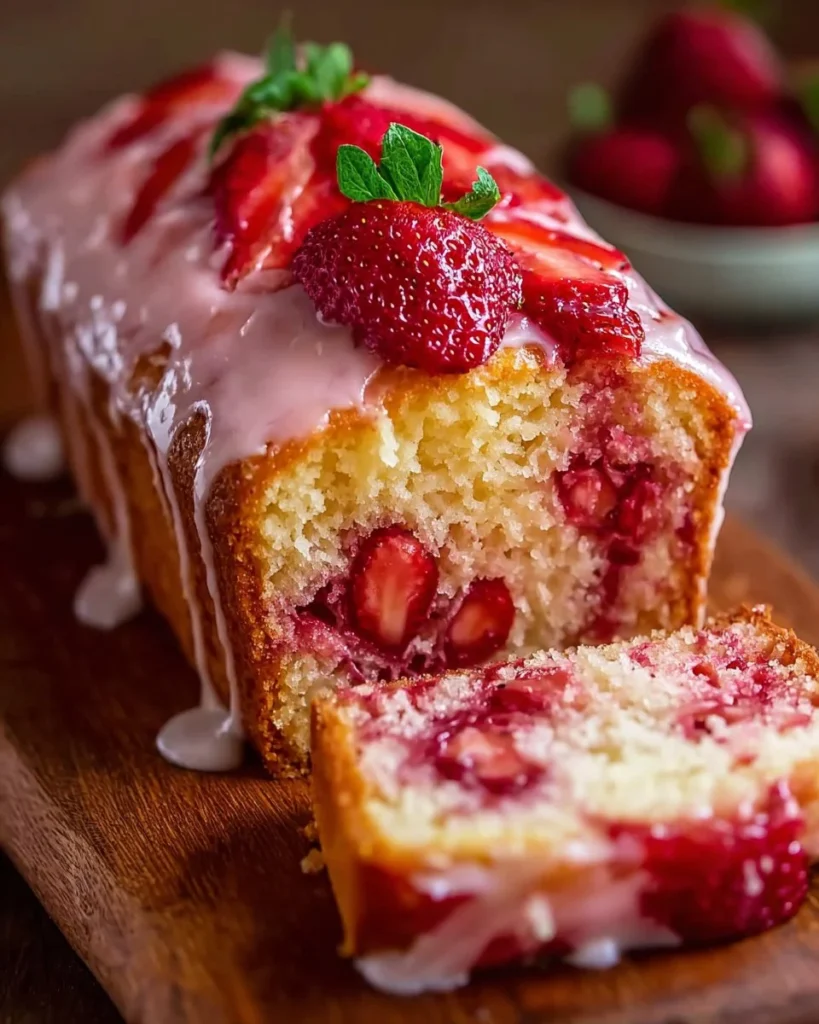 Homemade strawberry pound cake with fresh strawberries and a rich frosting