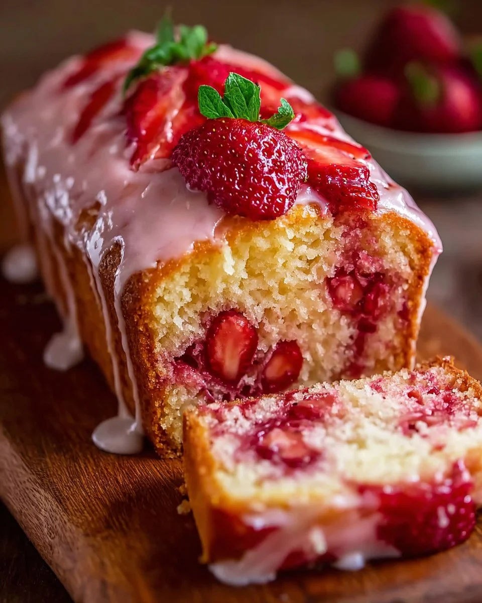 Homemade strawberry pound cake with fresh strawberries and a rich frosting