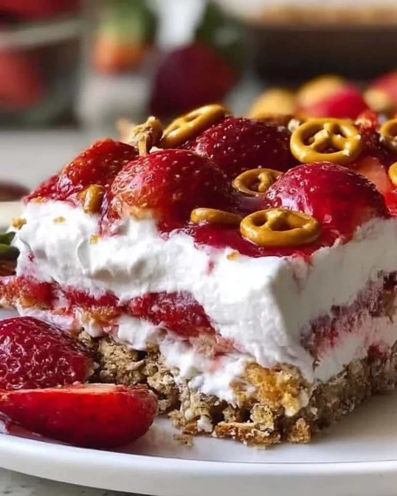 Strawberry Pretzel Icebox Cake with layers of strawberries and pretzel crust.