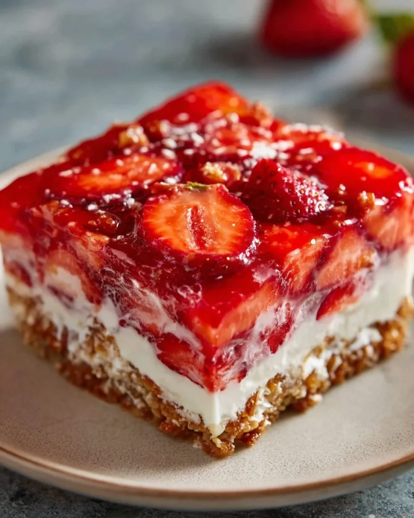 Delicious Strawberry Pretzel Salad layered with strawberries, pretzels, and cream.