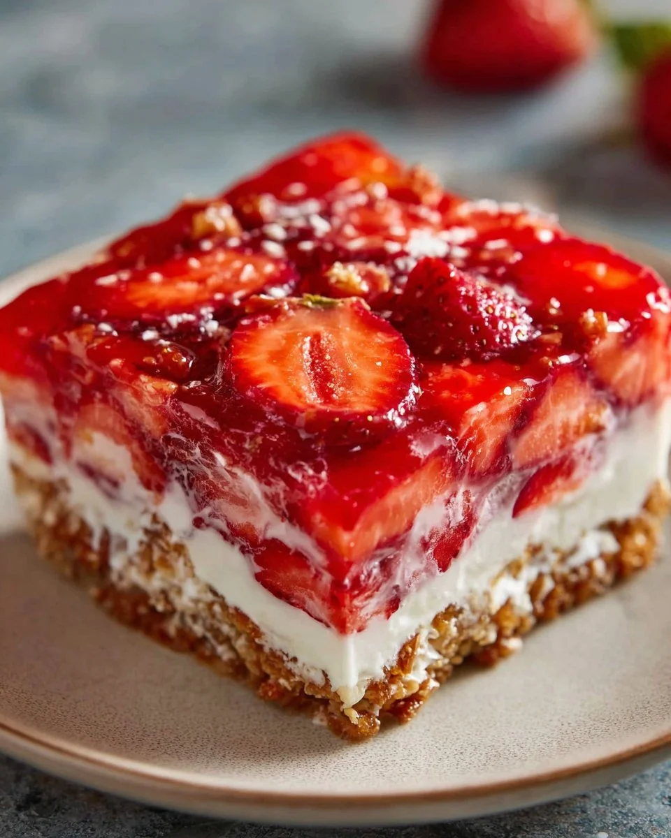Delicious Strawberry Pretzel Salad layered with strawberries, pretzels, and cream.
