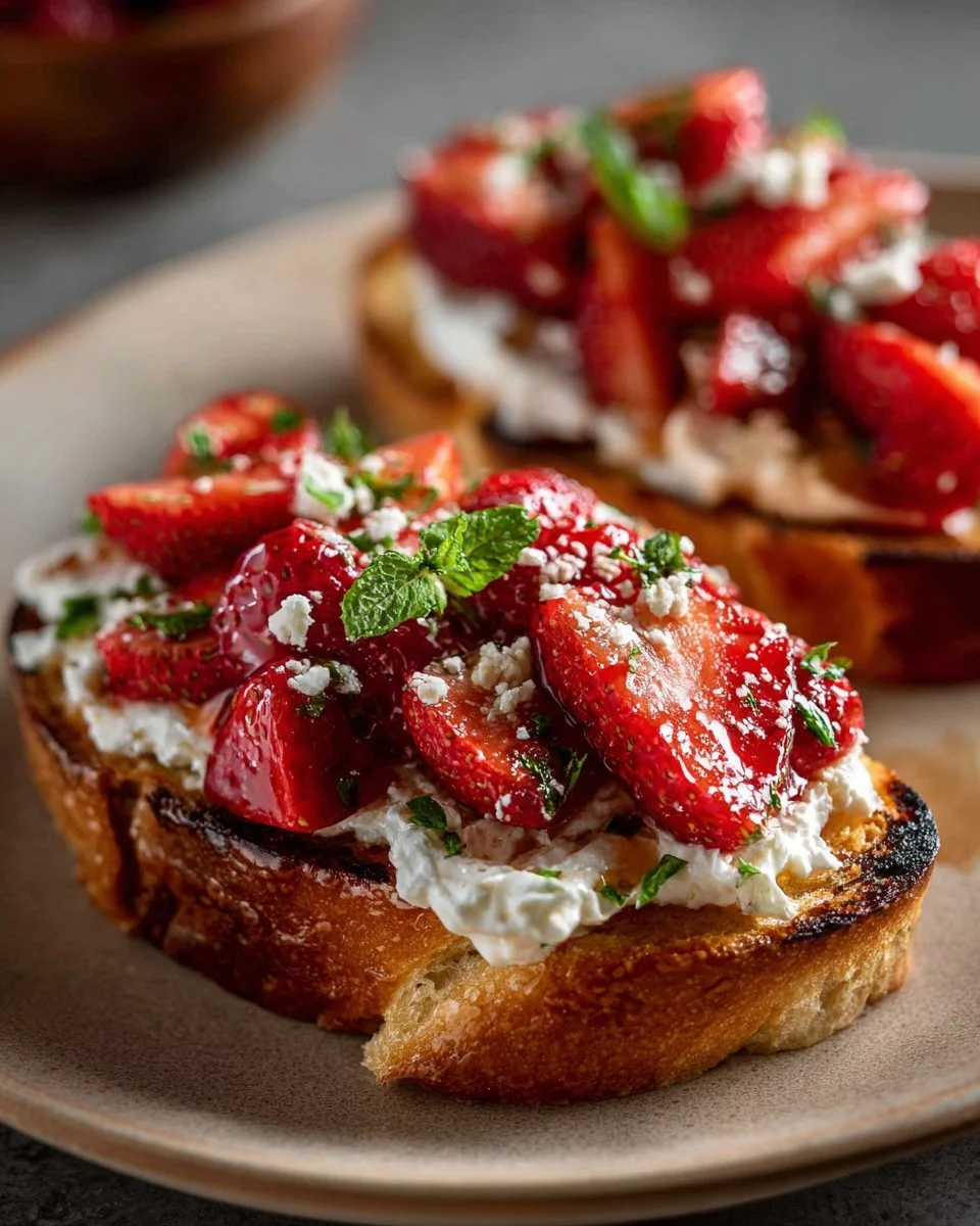Delicious strawberry whipped ricotta toast topped with fresh strawberries.