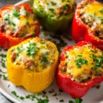 Colorful stuffed bell peppers filled with rice and vegetables ready to serve.
