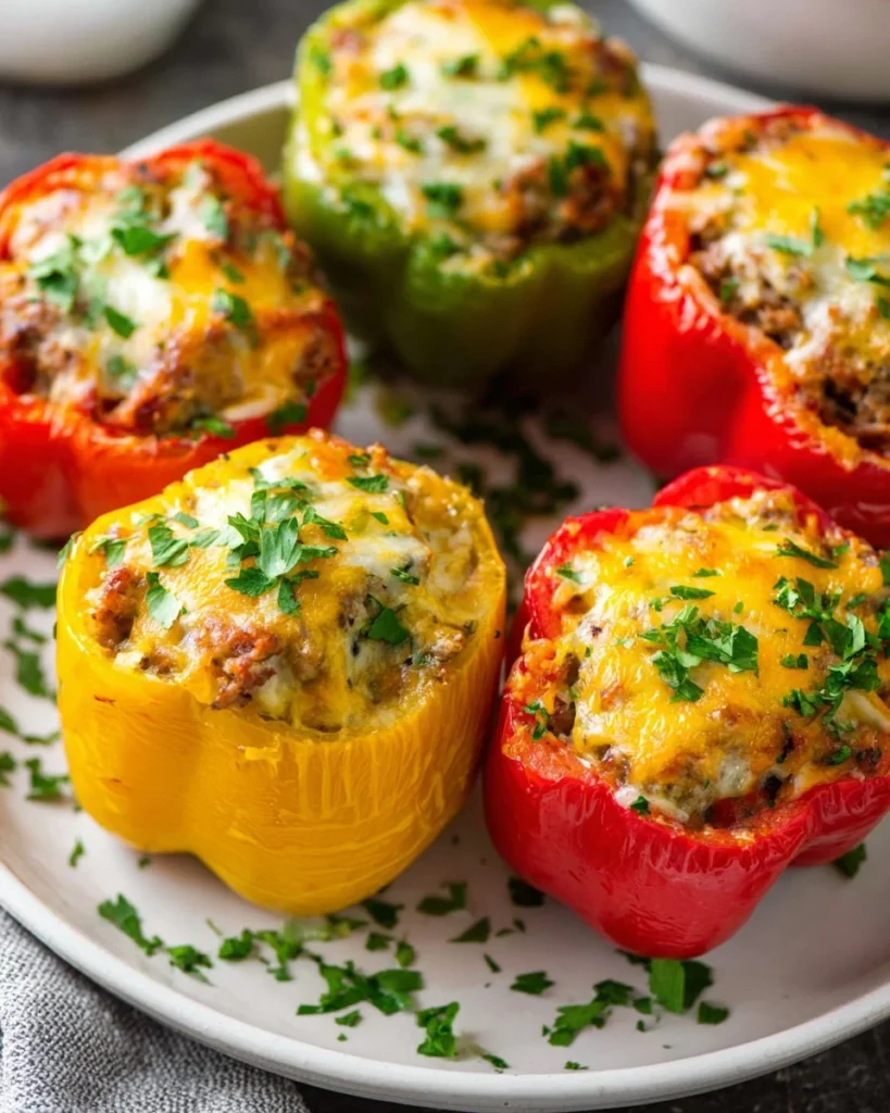 Colorful stuffed bell peppers filled with rice and vegetables ready to serve.