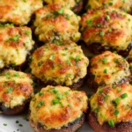 Delicious stuffed mushrooms topped with cheese and herbs served on a platter