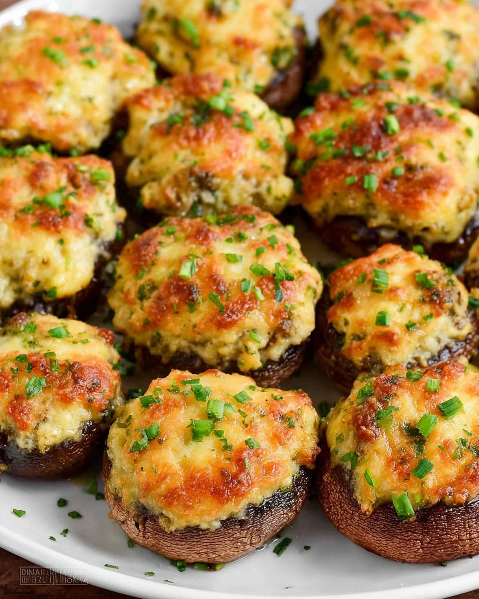 Delicious stuffed mushrooms topped with cheese and herbs served on a platter