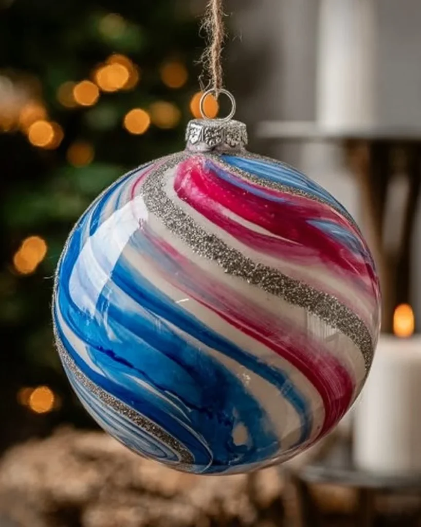 Colorful homemade hydro dipped ornaments for holiday decorating