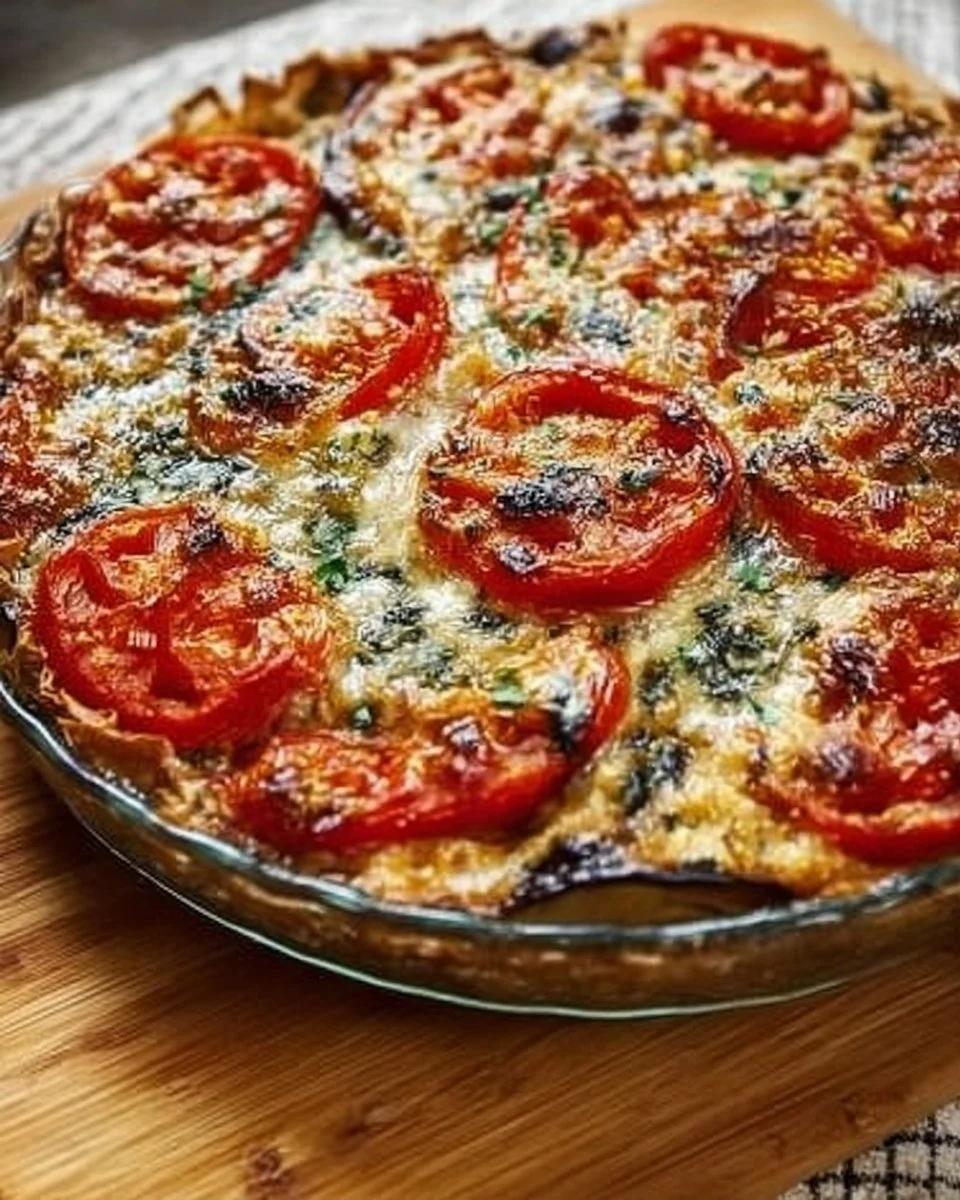 Delicious summer tomato and eggplant pie topped with fresh herbs.
