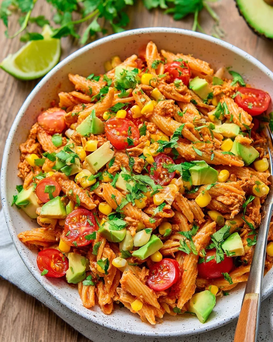 Delicious Taco Pasta Salad with fresh vegetables and dressing, perfect for any meal.