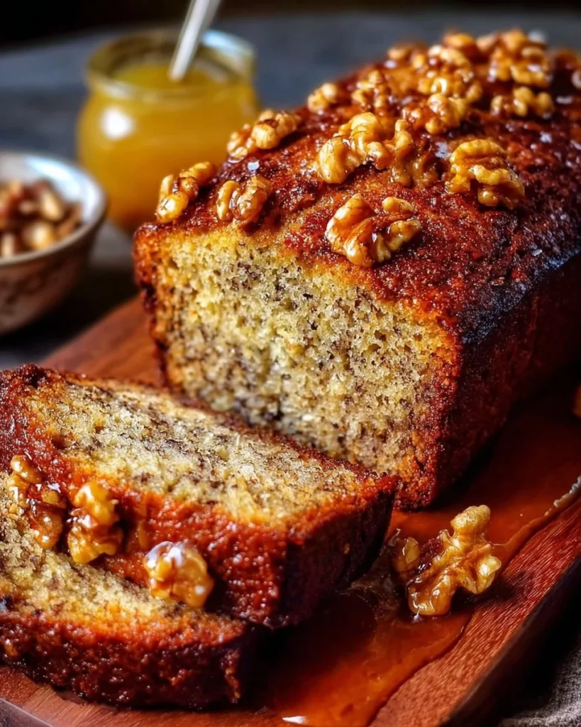 Slice of tender brown butter banana bread with walnuts on a wooden table