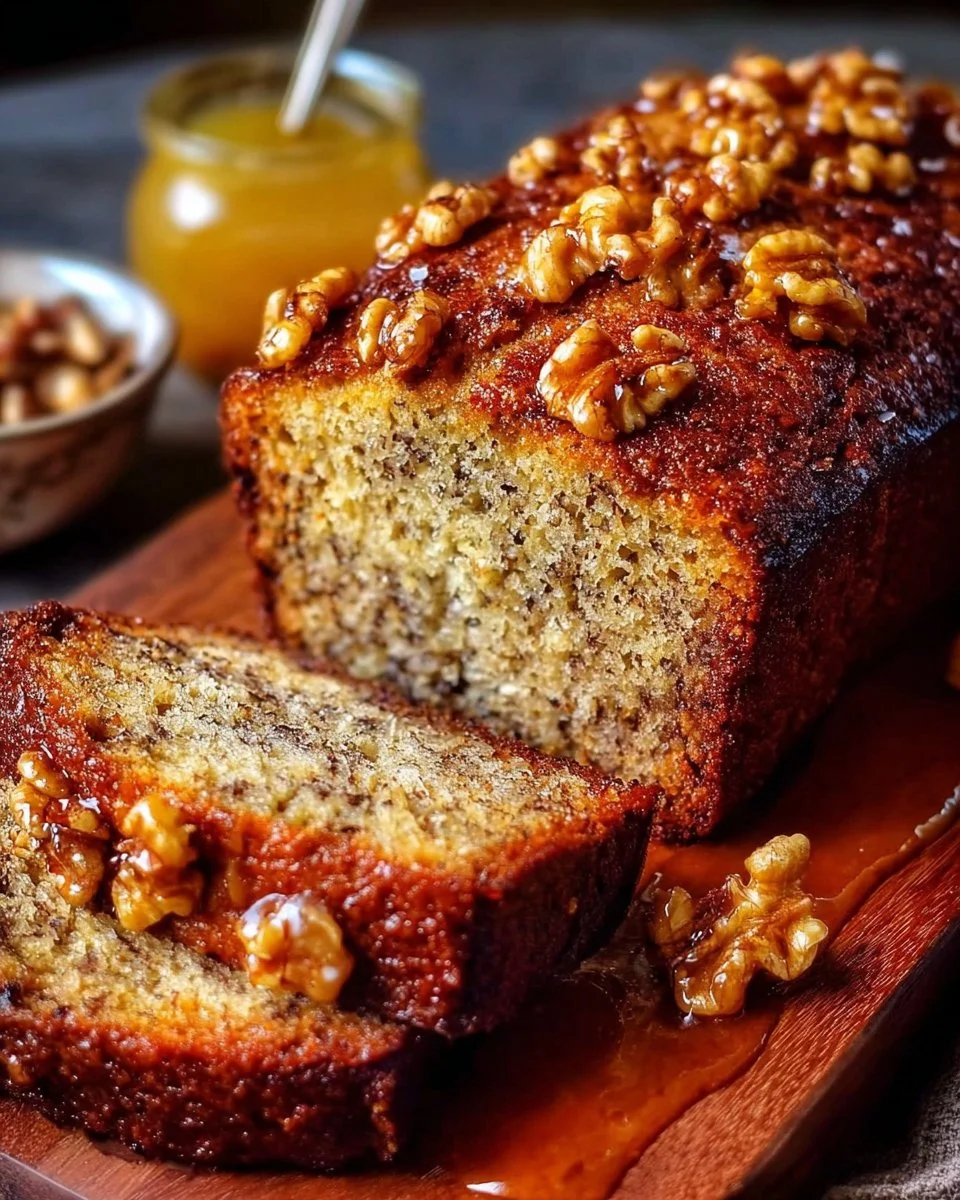 Slice of tender brown butter banana bread with walnuts on a wooden table