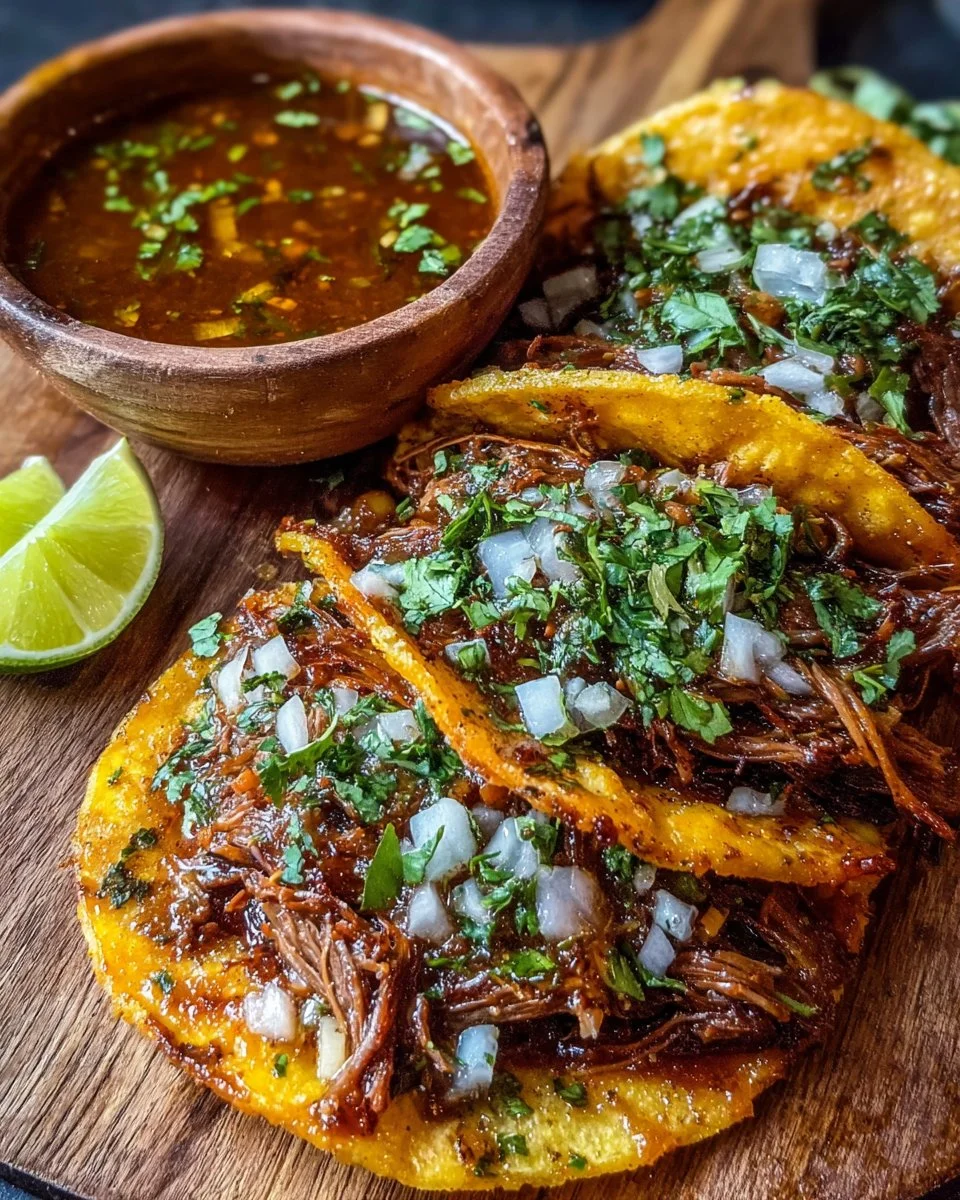 Slow cooker birria tacos served with savory consomme in a delicious presentation