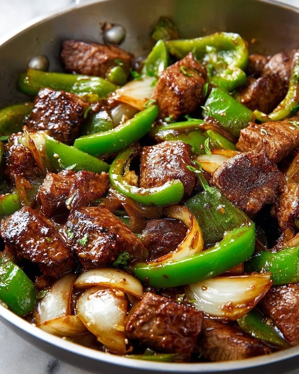 Plate of teriyaki steak bites with green pepper and onion garnished