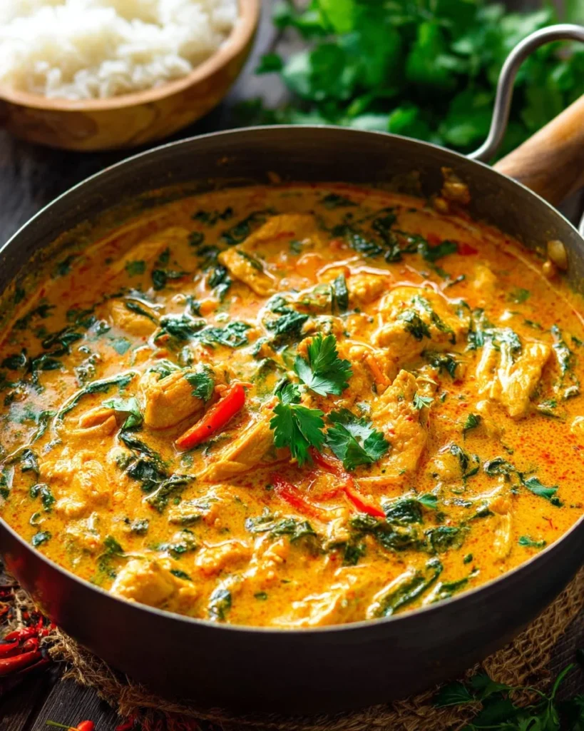 A bowl of Thai Chicken Coconut Curry with vibrant spices and fresh herbs.