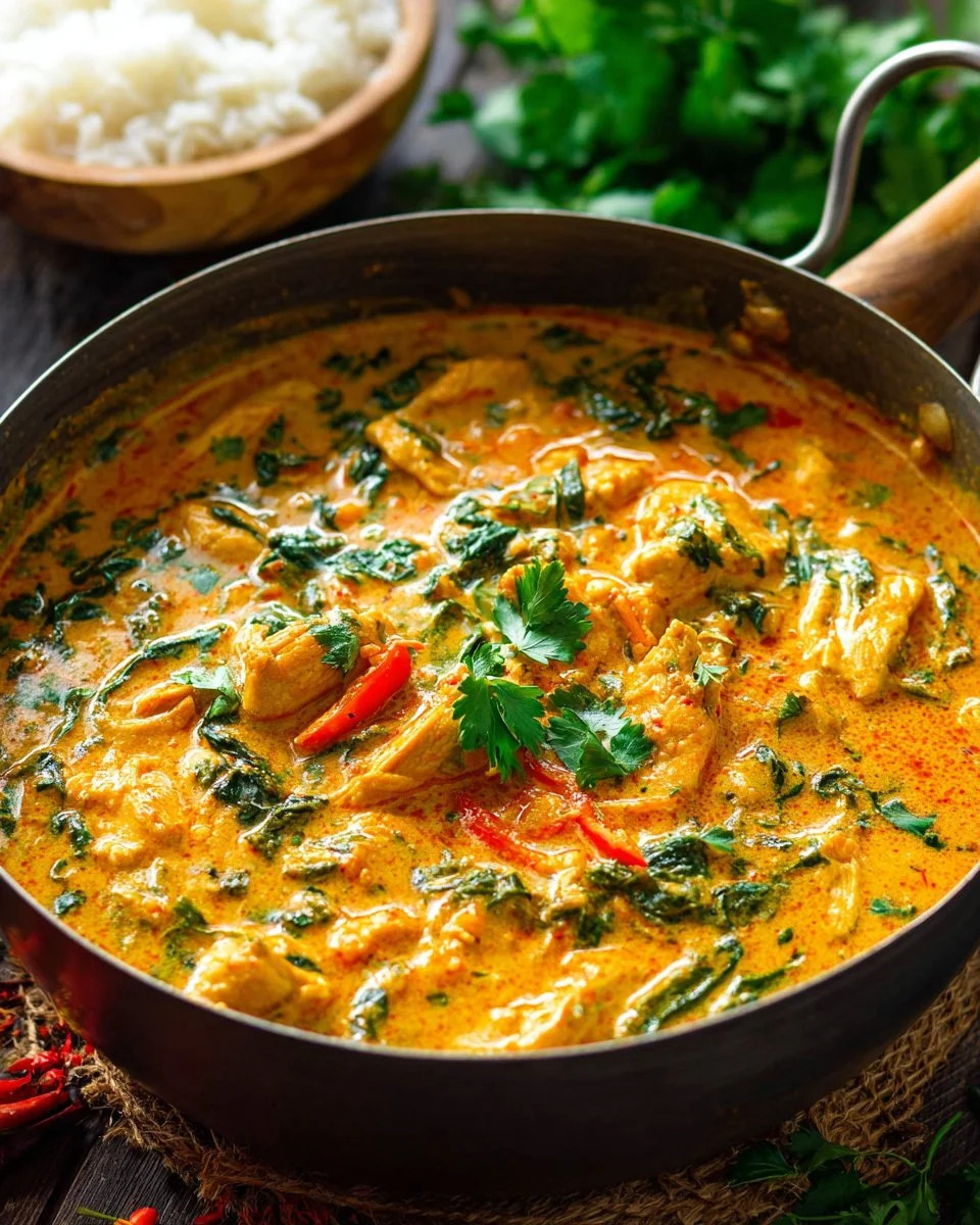A bowl of Thai Chicken Coconut Curry with vibrant spices and fresh herbs.