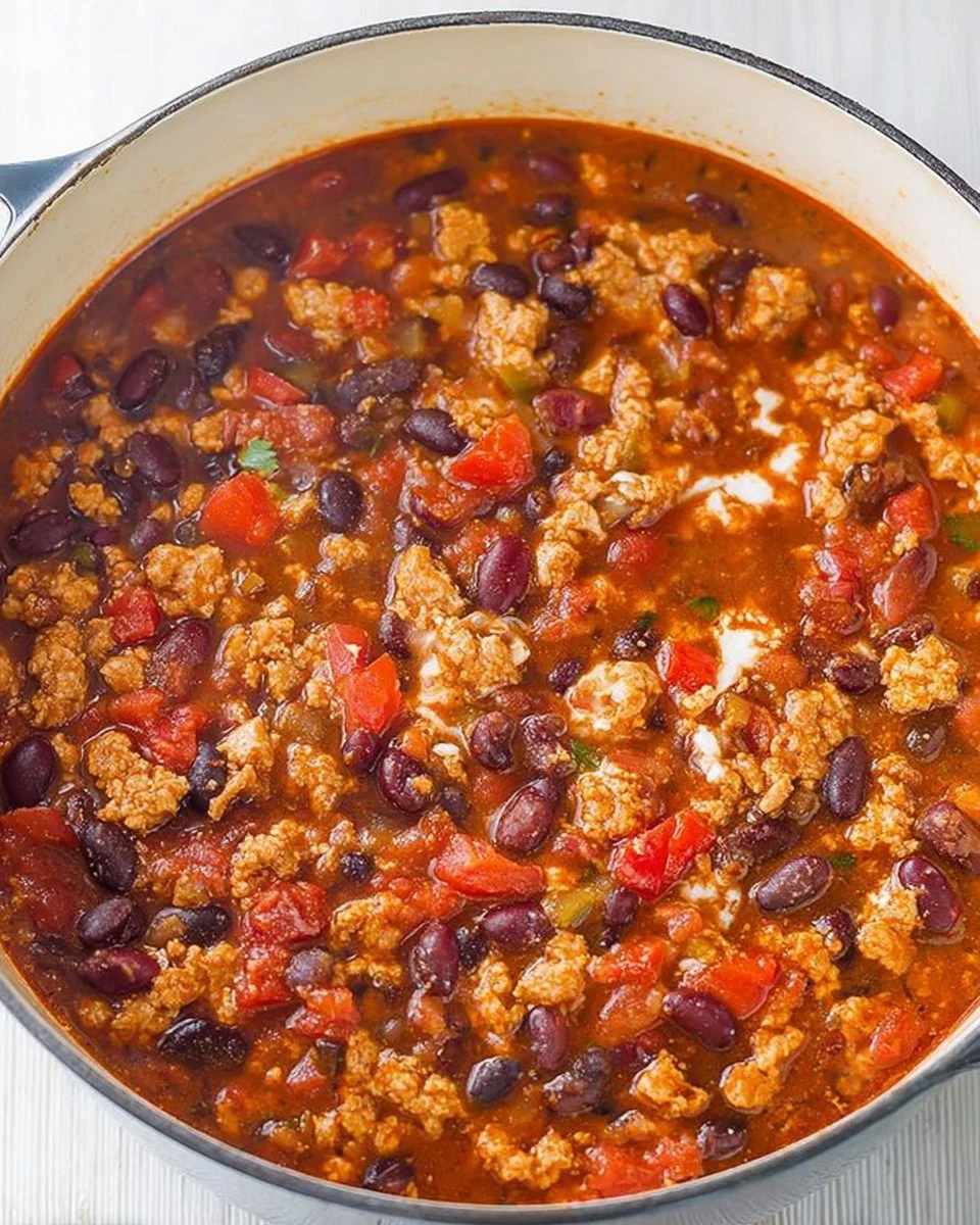Healthy turkey chili served in a bowl with toppings of fresh herbs and avocado