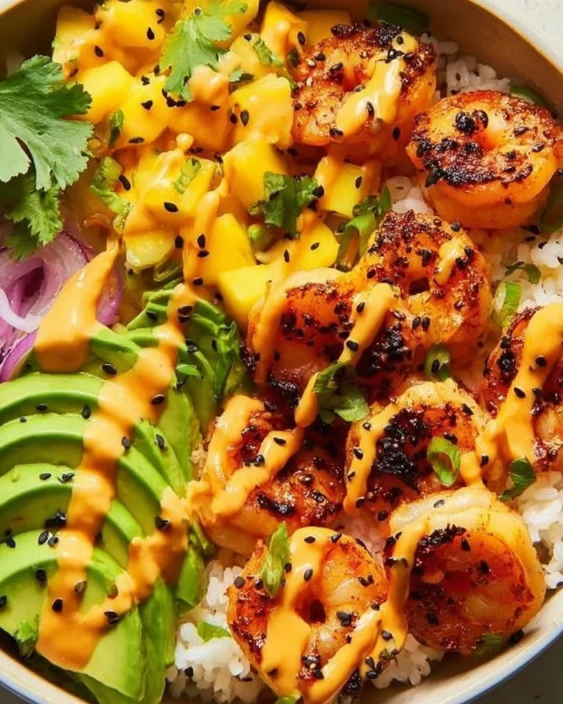 Delicious charred shrimp and avocado bowl with vibrant ingredients