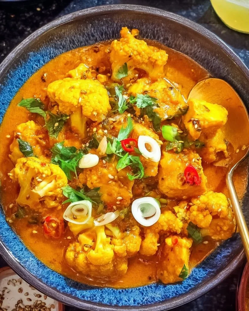 Delicious tofu curry served in a bowl, garnished with fresh herbs.
