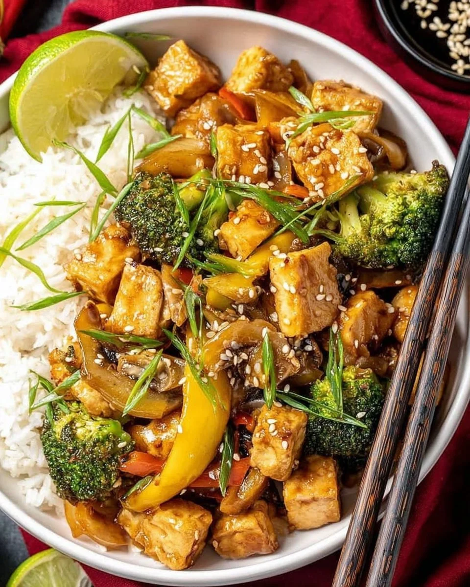 Colorful tofu stir fry with vegetables in a stir fry pan