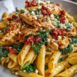 Tomato Chicken Pasta topped with Feta cheese and fresh spinach in a vibrant sauce
