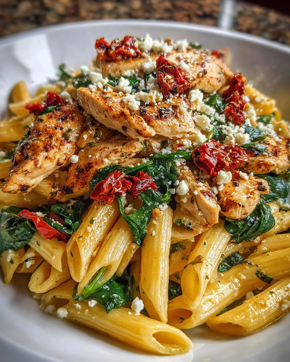 Tomato Chicken Pasta topped with Feta cheese and fresh spinach in a vibrant sauce