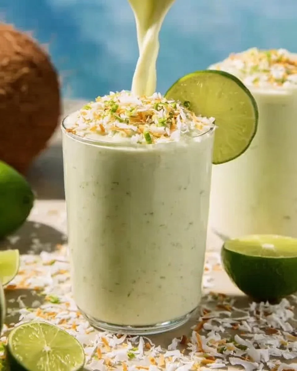 Delicious Key Lime Coconut Smoothie served in a tropical setting