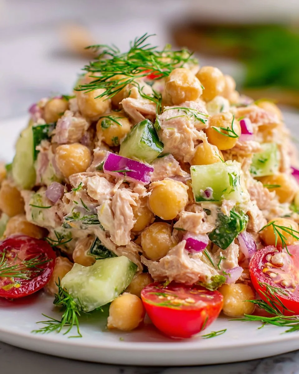 Bowl of Tuna Chickpea Salad with fresh vegetables and dressing