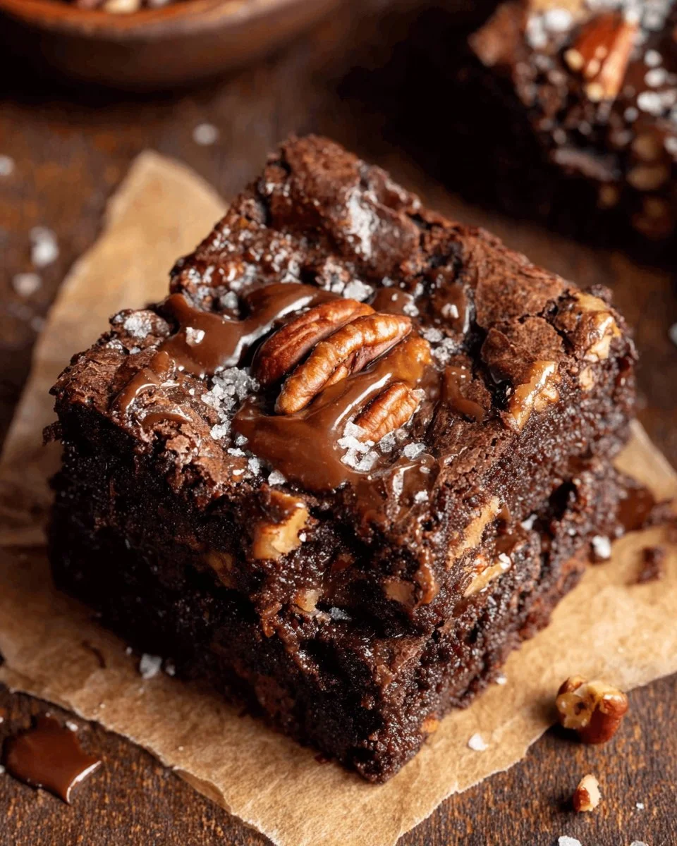 Delicious turtle brownies topped with caramel and pecans