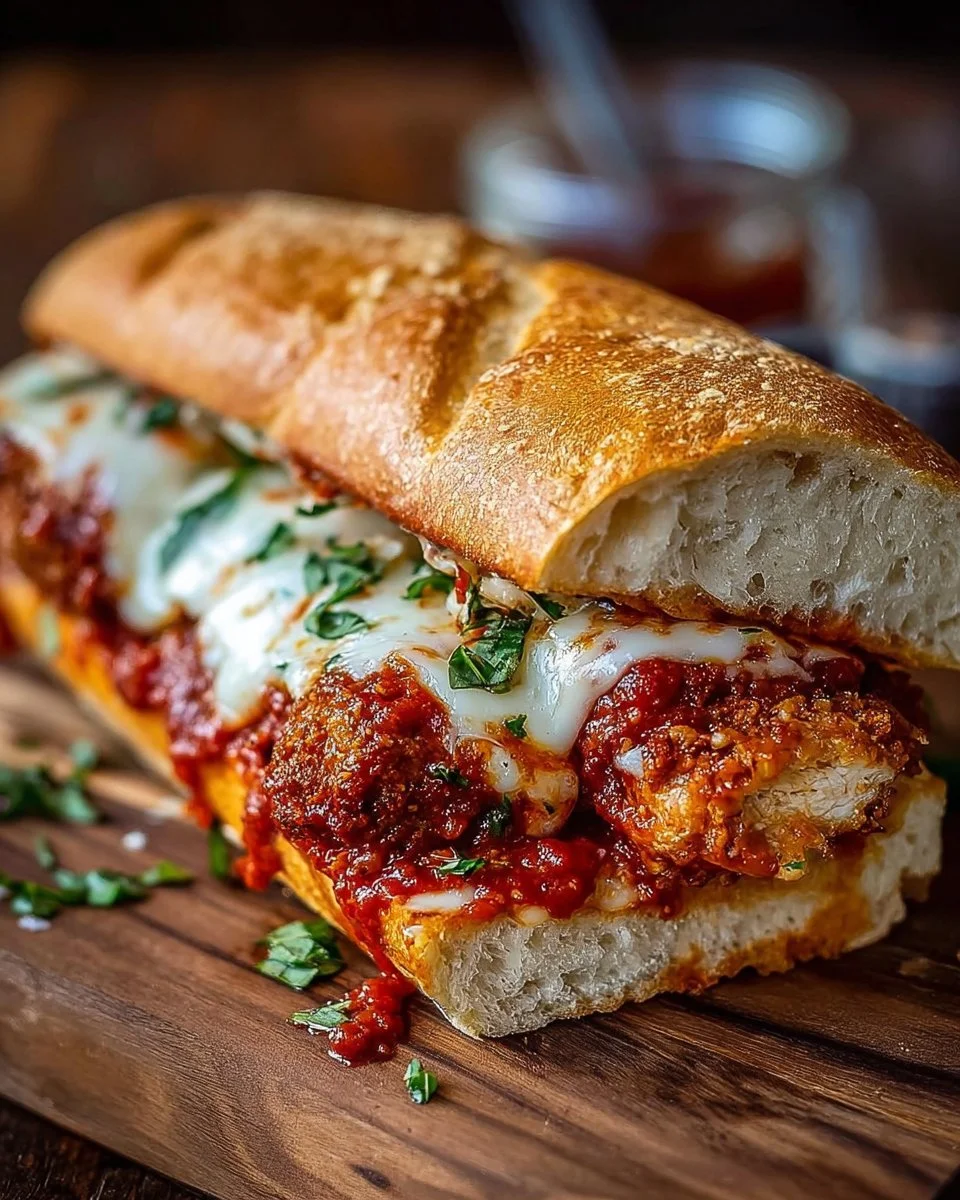 Delicious ultimate chicken parm sandwich with marinara and melted cheese