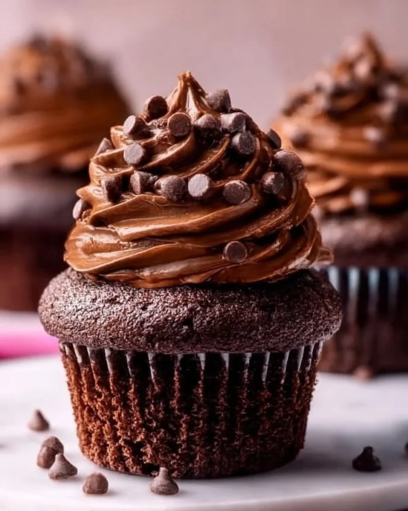 Delicious ultimate double chocolate cupcakes topped with creamy frosting