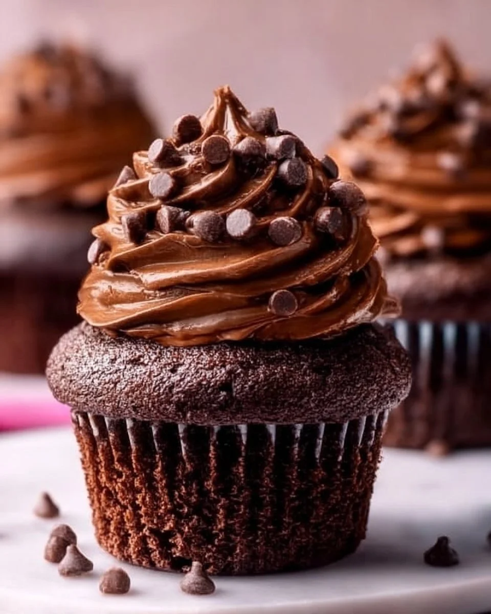 Delicious ultimate double chocolate cupcakes topped with creamy frosting
