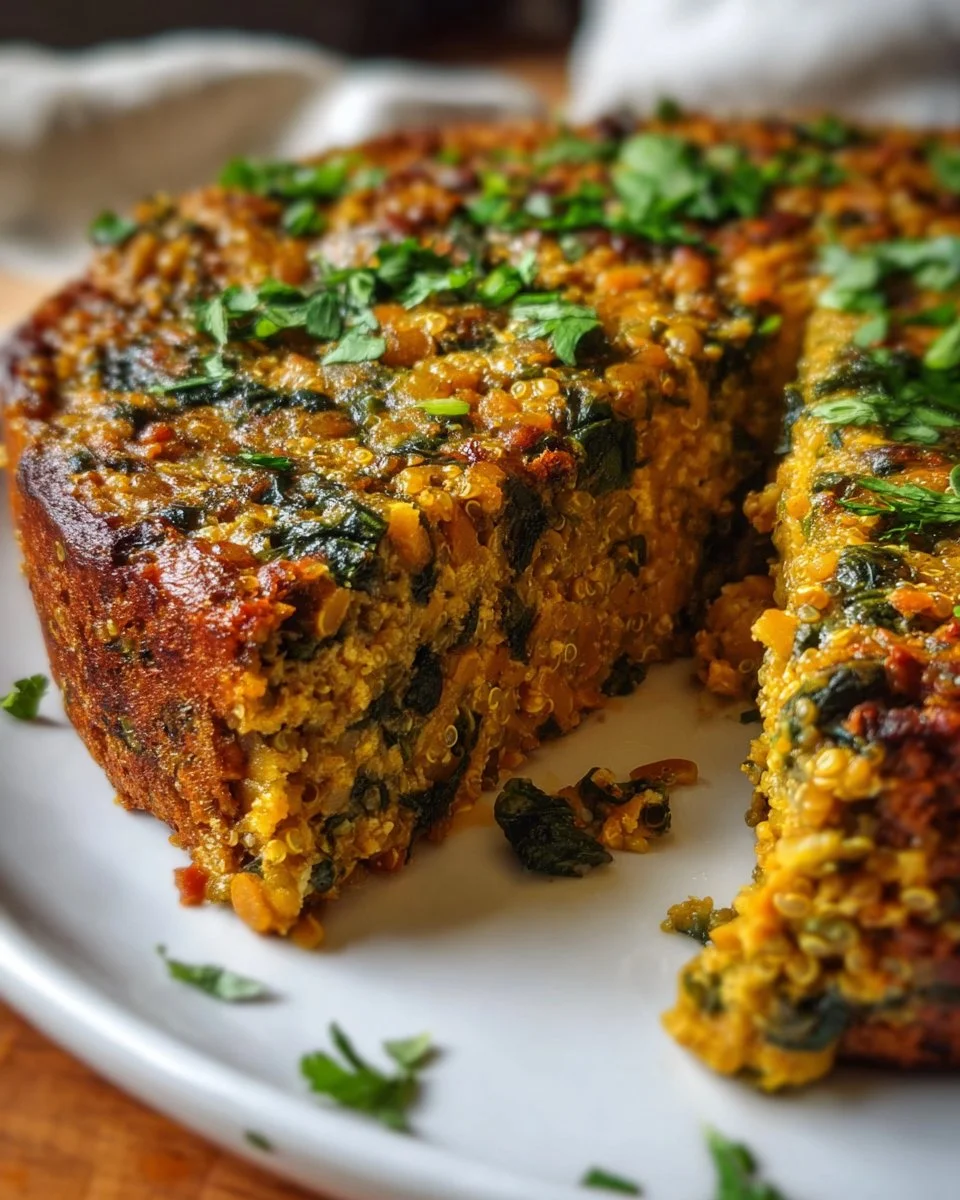 Delicious quinoa lentil spinach casserole served in a baking dish