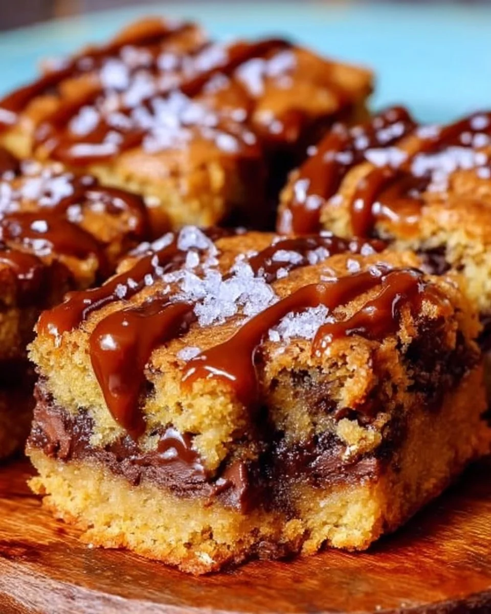 Deliciously rich salted caramel chocolate chip cookie bars on a plate