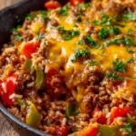 A colorful unstuffed pepper skillet with vibrant vegetables and ground meat.